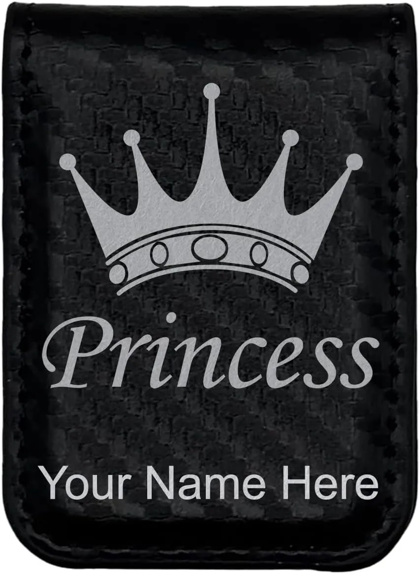 LaserGram Slim Magnetic Money Clip, Princess Crown, Personalized Engraving Included (Carbon Fiber Black with Silver)