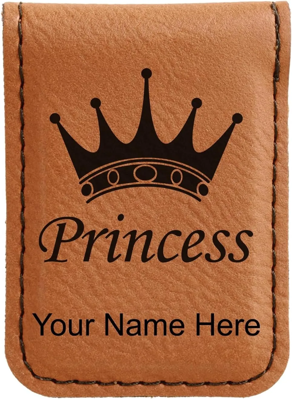 LaserGram Slim Magnetic Money Clip, Princess Crown, Personalized Engraving Included (Dark Brown)