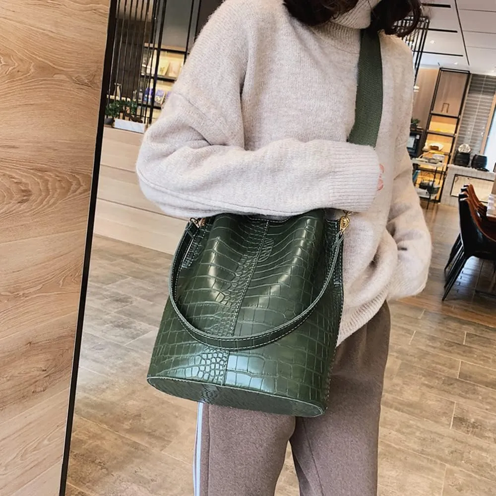 Leather Bucket Bag Crossbody Bag for Women Fashion Classic Crocodile Pattern Large Shoulder Bag Handbag Purses (Brown)