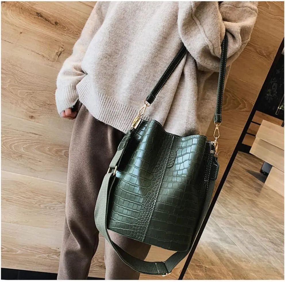Leather Bucket Bag Crossbody Bag for Women Fashion Classic Crocodile Pattern Large Shoulder Bag Handbag Purses (Brown)