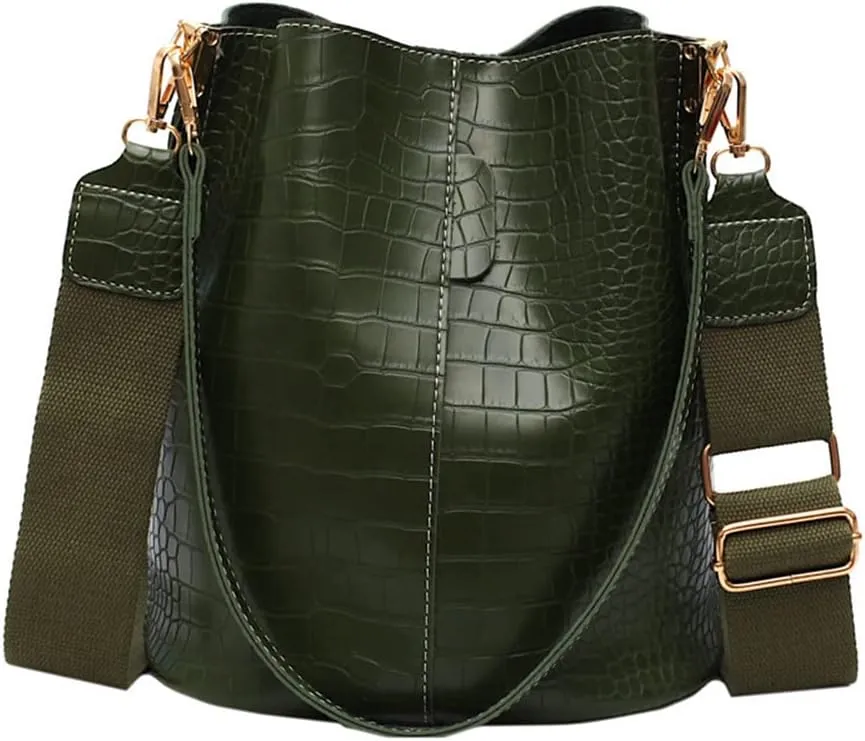 Leather Bucket Bag Crossbody Bag for Women Fashion Classic Crocodile Pattern Large Shoulder Bag Handbag Purses (Brown)