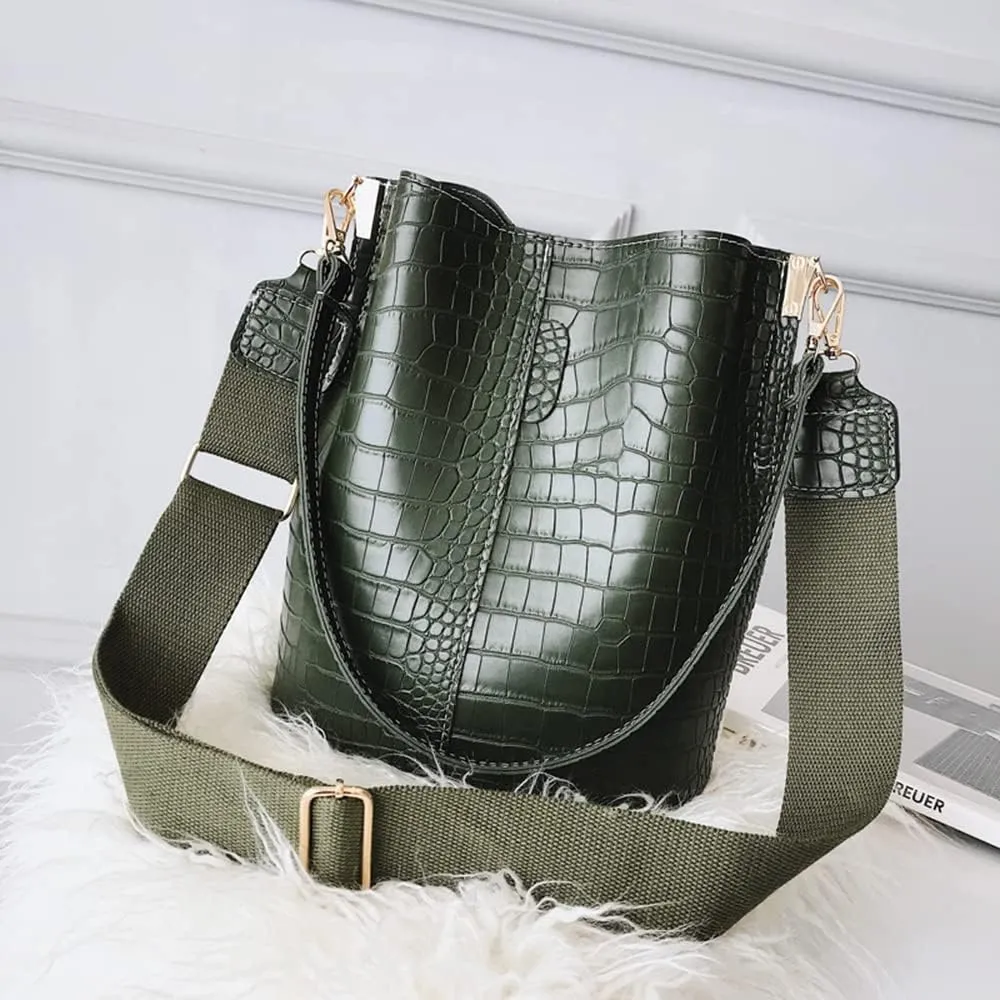 Leather Bucket Bag Crossbody Bag for Women Fashion Classic Crocodile Pattern Large Shoulder Bag Handbag Purses (Brown)