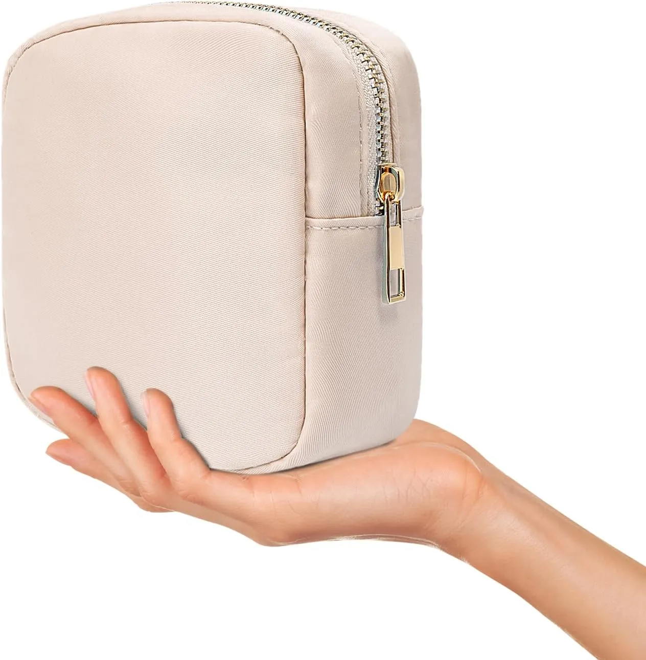 LETGO Nylon Small Makeup Pouch, Travel Size Toiletry Bag, Cute Mini Cosmetic Bag, Zipper Pouches, Coin Purse, Car Accessories (Mini-Beige)