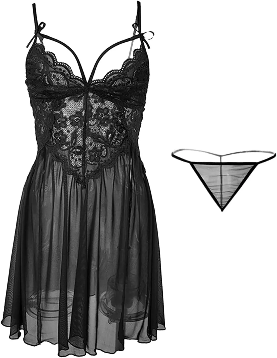 Lingerie Lace Chemise Strap Sleepwear Negligee V Neck Split Nightgown Mesh Sleepwear See Through Side Slit Nightwear Nighty