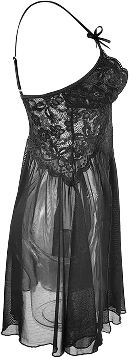Lingerie Lace Chemise Strap Sleepwear Negligee V Neck Split Nightgown Mesh Sleepwear See Through Side Slit Nightwear Nighty