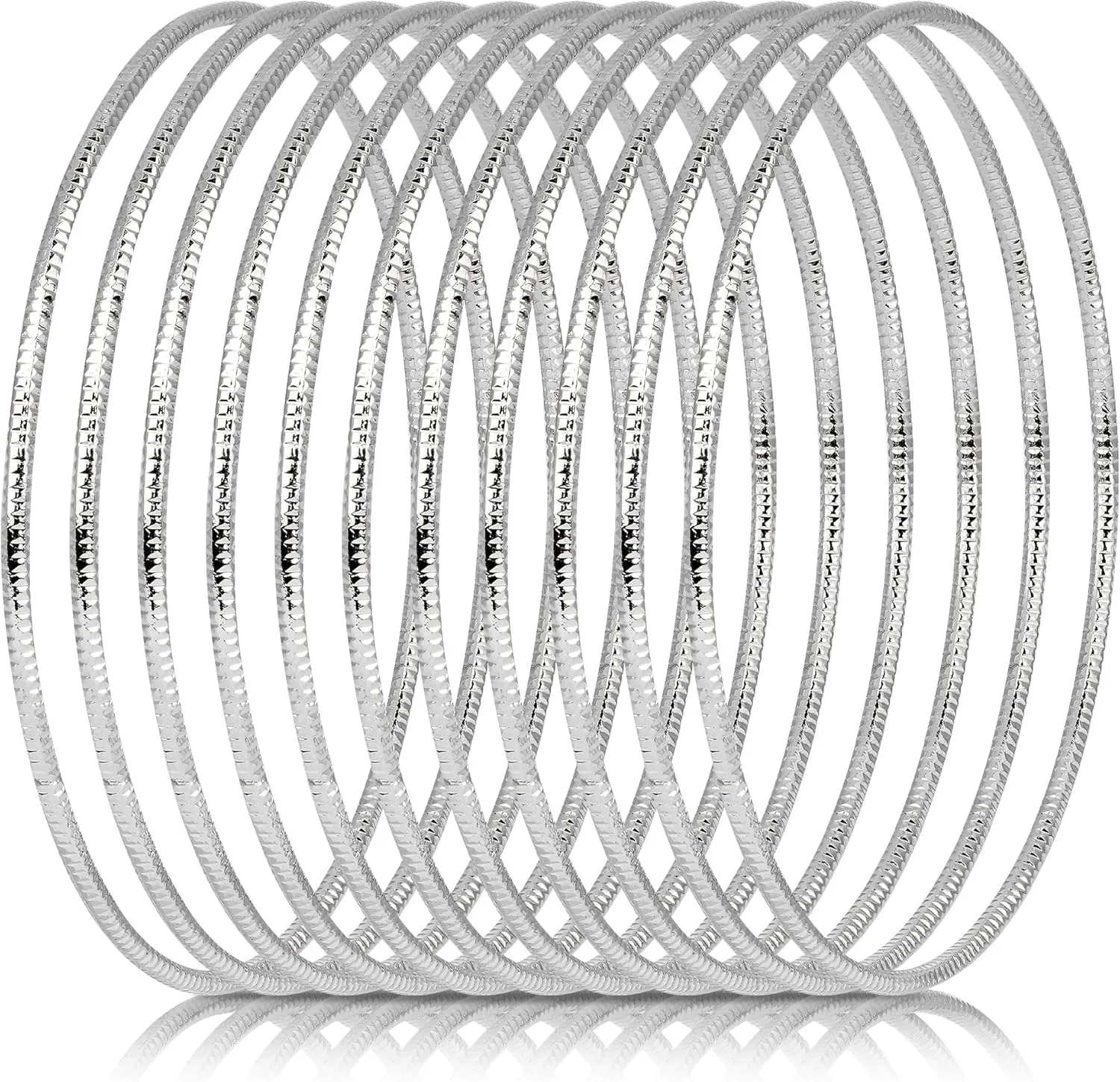Linkidea Bangle Bracelets for Women, Set of 10 Extra Large Round Bangles, Multi Layer Stackable Textured Jewelry Accessories