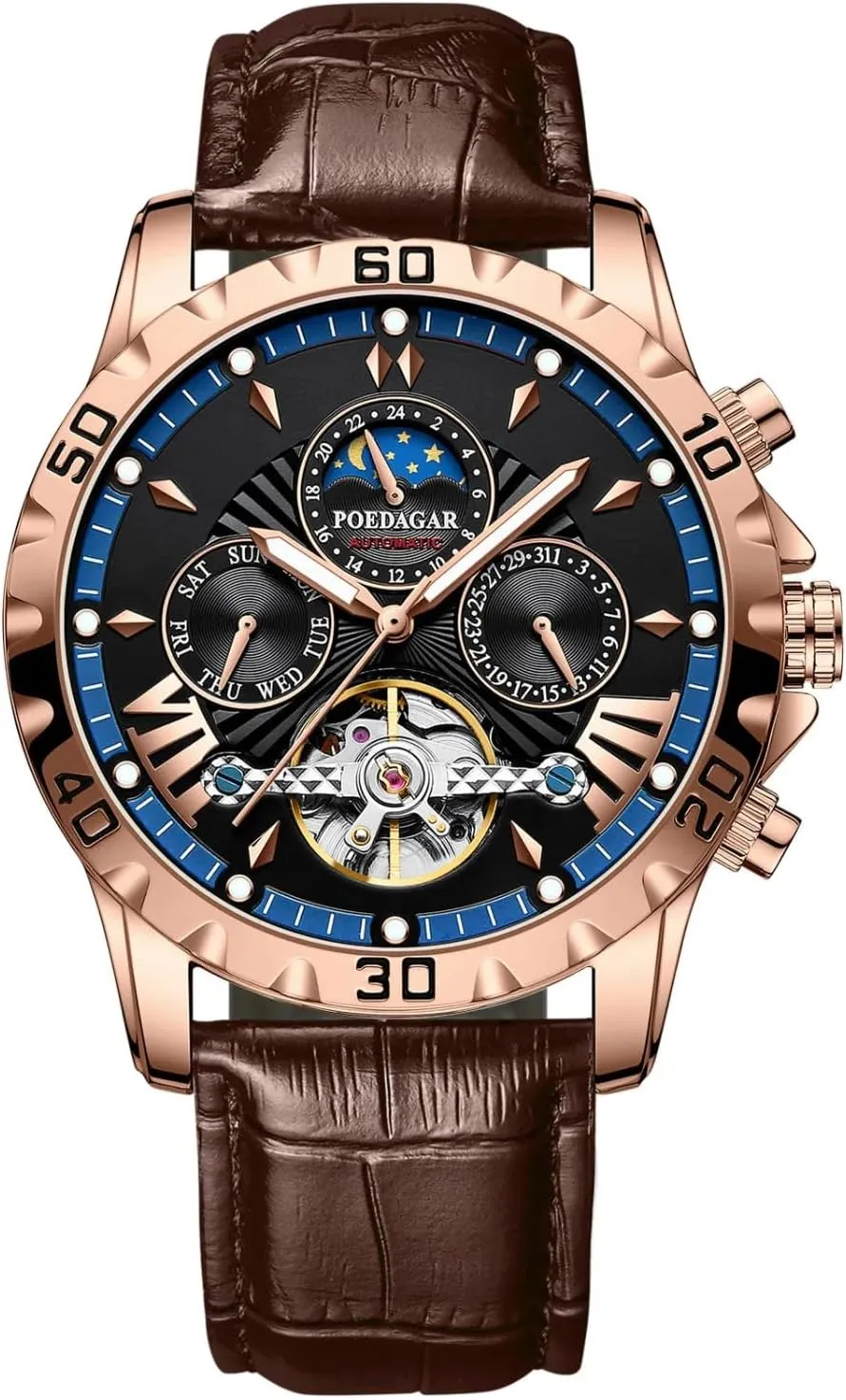 Luxury Automatic Mechanical Watch for Men Hollow Tourbillon Waterproof Luminous Date Week Leather Men's Watches (Rose Blue)