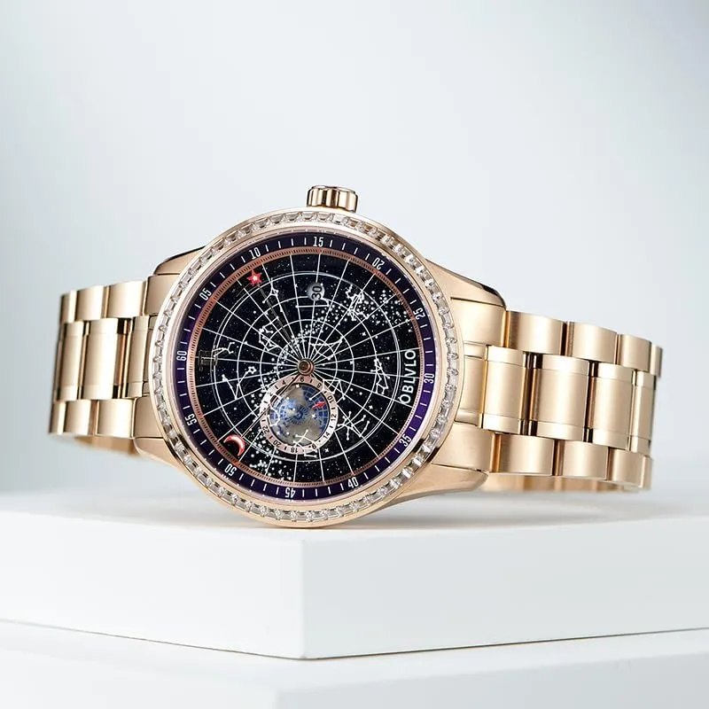 Luxury Brand Men's Crystal Bezel Stainless Steel Automatic Mechanical Watch Luminous Earth Star Waterproof Watches GC-SW-D