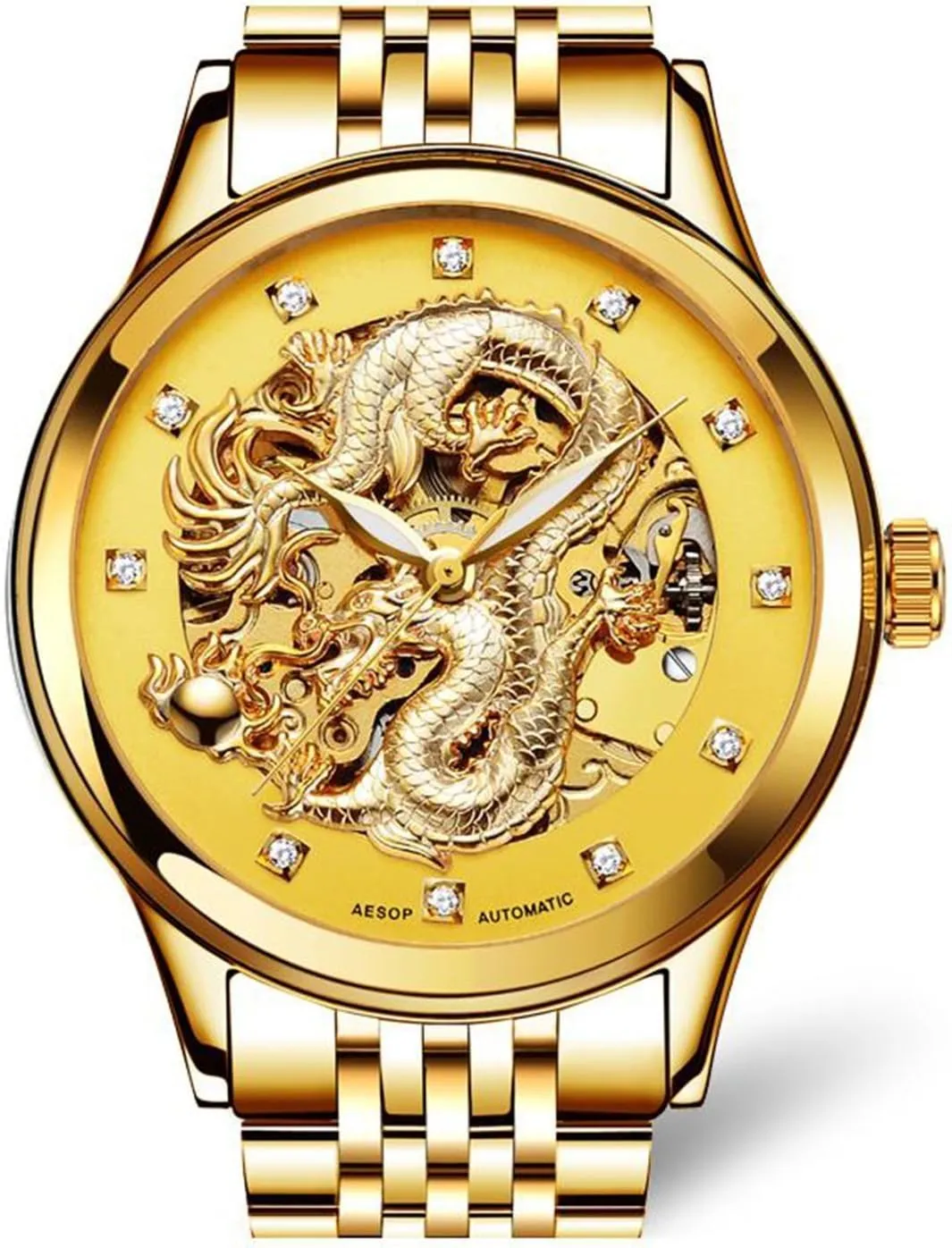 Luxury Men's Automatic Mechanical Gold Plated Case Stainless Steel Band Waterproof Skeleton Watch