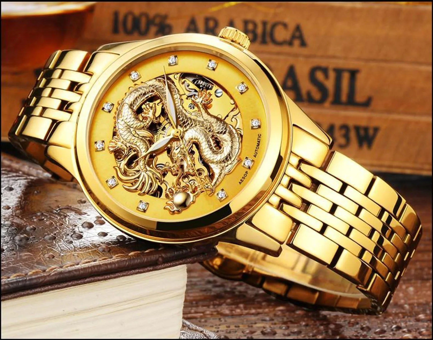 Luxury Men's Automatic Mechanical Gold Plated Case Stainless Steel Band Waterproof Skeleton Watch