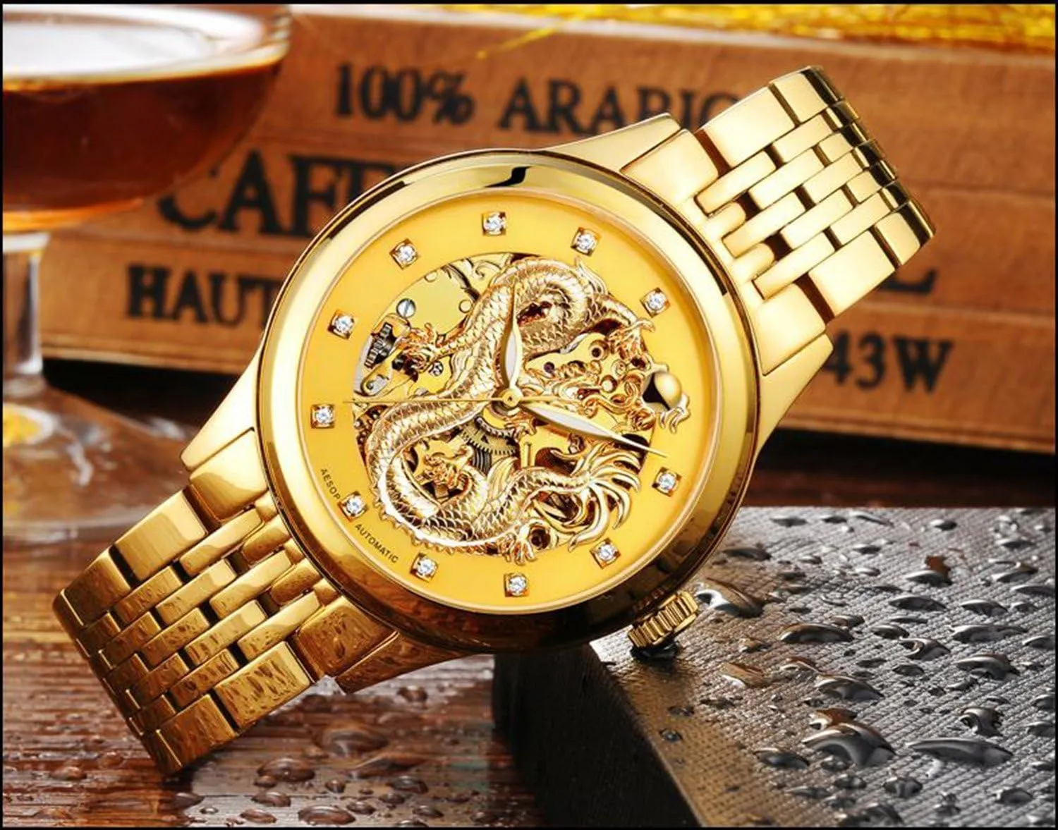 Luxury Men's Automatic Mechanical Gold Plated Case Stainless Steel Band Waterproof Skeleton Watch