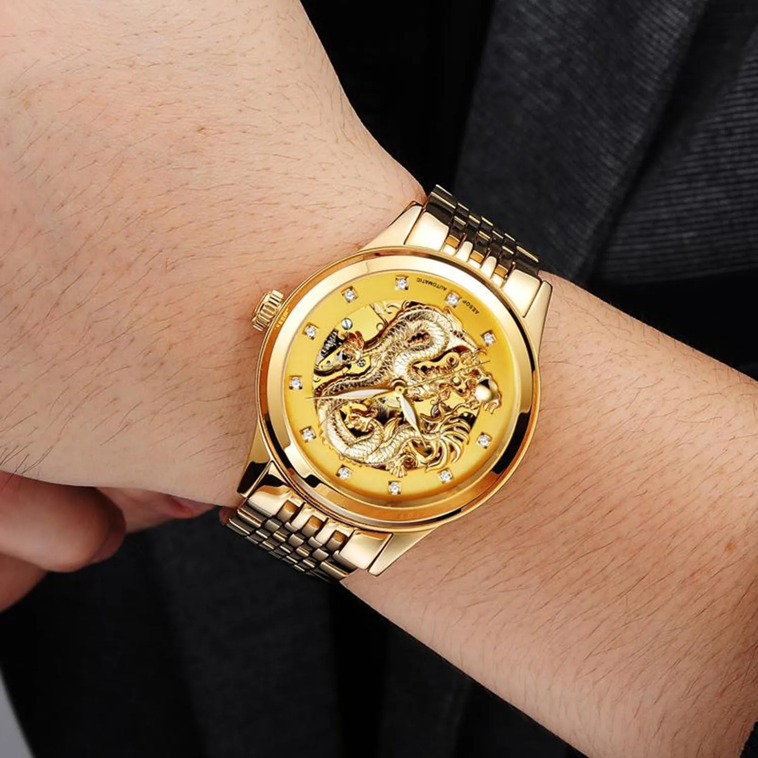 Luxury Men's Automatic Mechanical Gold Plated Case Stainless Steel Band Waterproof Skeleton Watch