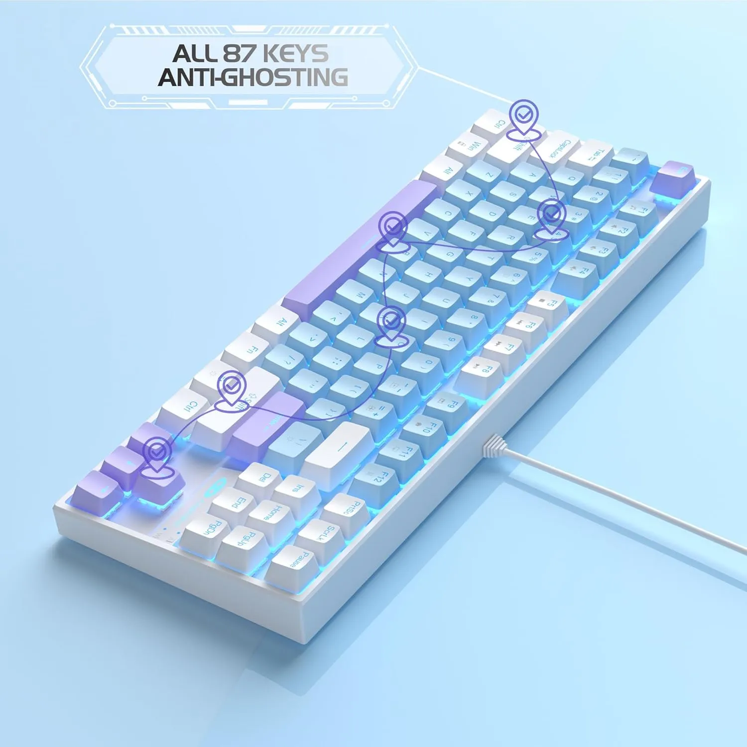 MageGee 75% Mechanical Gaming Keyboard with Blue Switch, LED Blue Backlit, 87 Keys Compact TKL Wired Keyboards for Windows Laptop PC Gamer - Blue/White