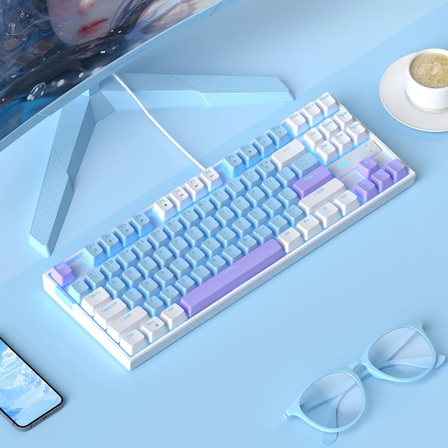 MageGee 75% Mechanical Gaming Keyboard with Blue Switch, LED Blue Backlit, 87 Keys Compact TKL Wired Keyboards for Windows Laptop PC Gamer - Blue/White