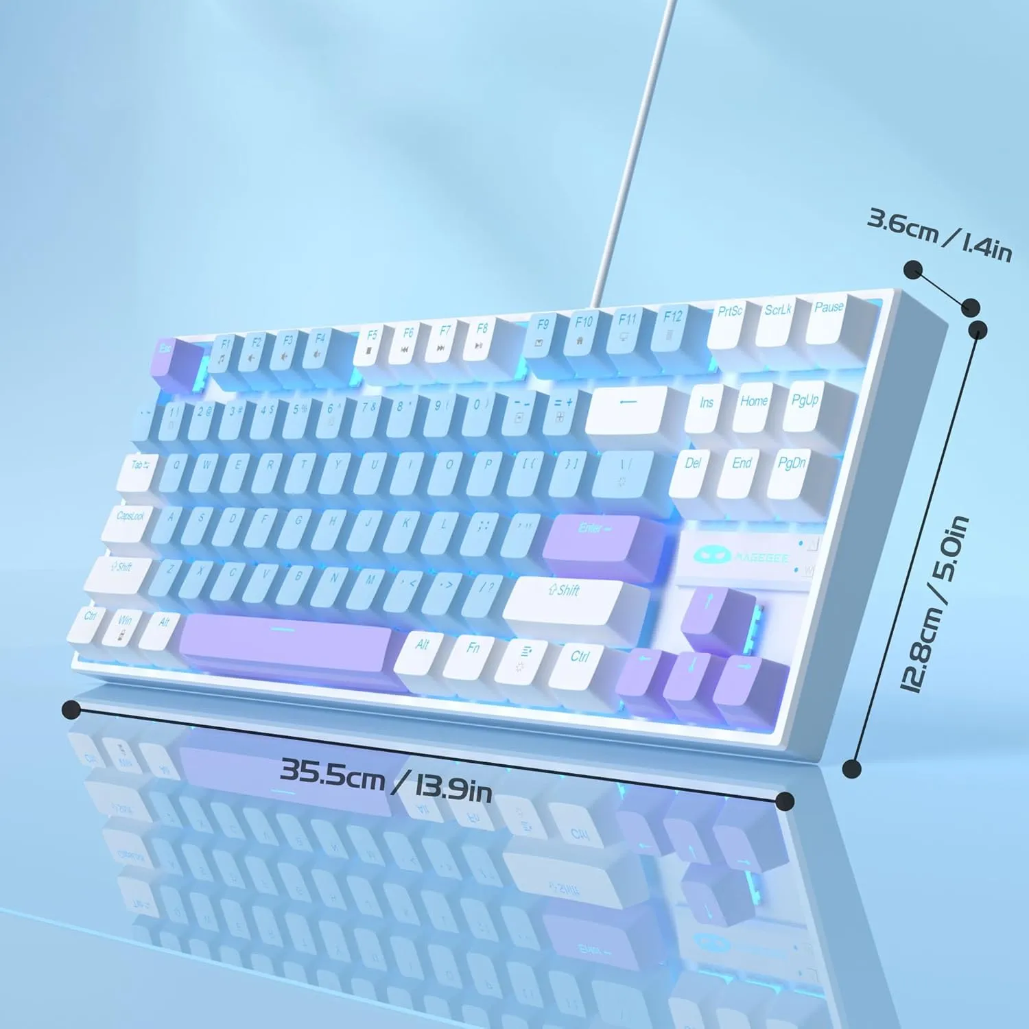 MageGee 75% Mechanical Gaming Keyboard with Blue Switch, LED Blue Backlit, 87 Keys Compact TKL Wired Keyboards for Windows Laptop PC Gamer - Blue/White