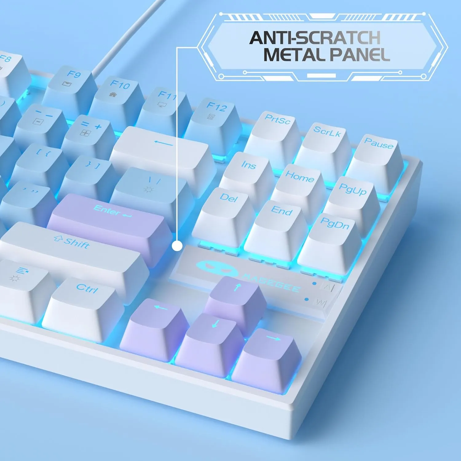 MageGee 75% Mechanical Gaming Keyboard with Blue Switch, LED Blue Backlit, 87 Keys Compact TKL Wired Keyboards for Windows Laptop PC Gamer - Blue/White