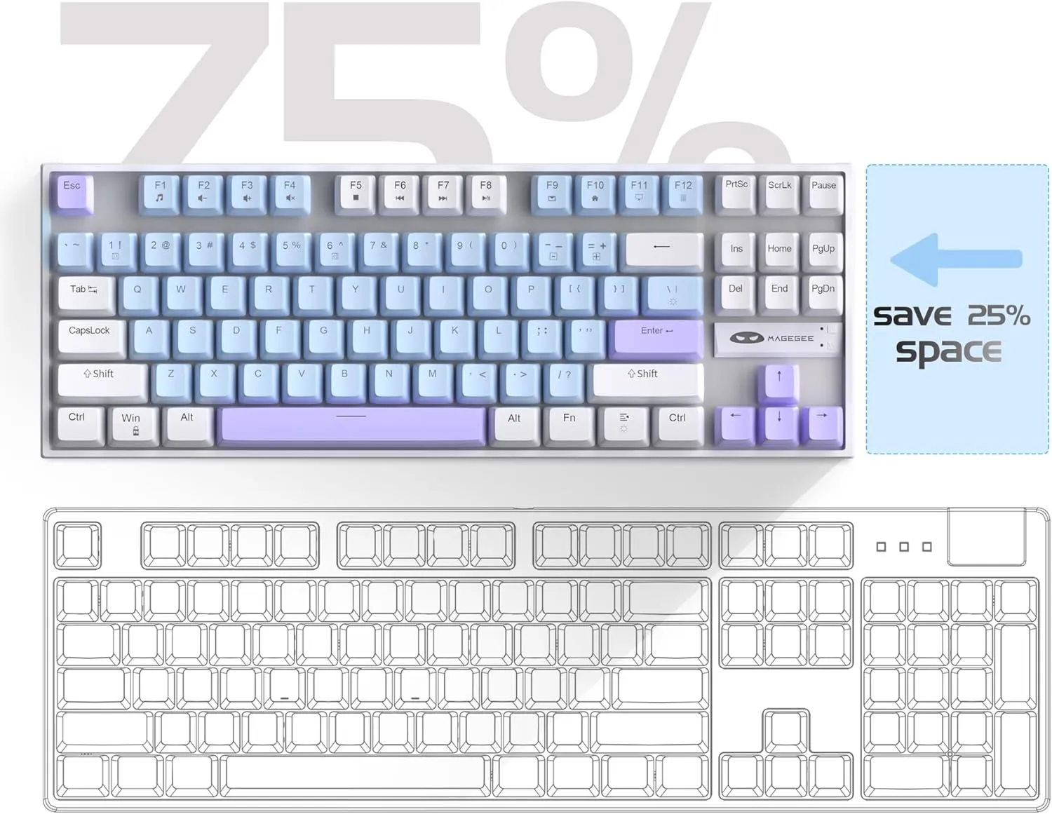 MageGee 75% Mechanical Gaming Keyboard with Blue Switch, LED Blue Backlit, 87 Keys Compact TKL Wired Keyboards for Windows Laptop PC Gamer - Blue/White