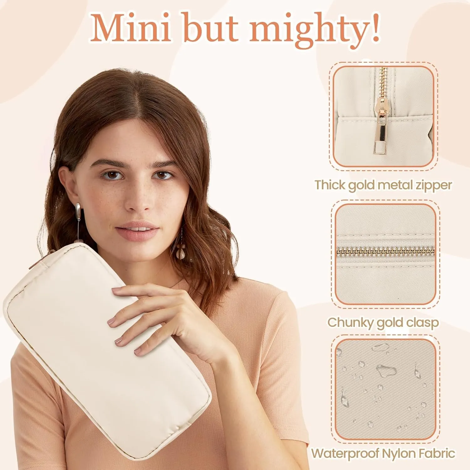 Makeup Bag for Women, Nylon Cosmetic Bag Small Makeup Bag for Purse, Preppy Makeup Bag with Zipper Make Up Pouch Bags Waterproof Travel Organizer Bag Set for Women Girls (Beige-large)