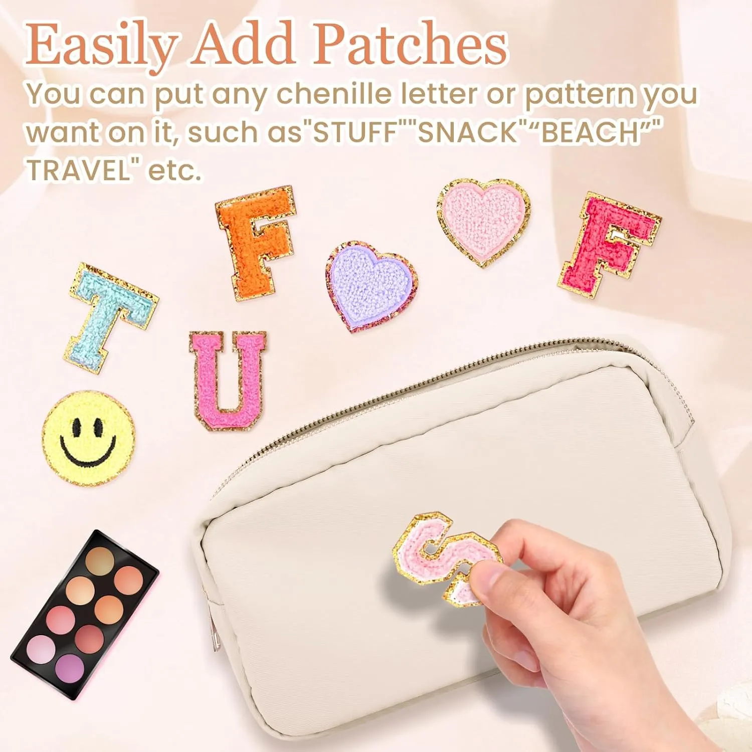 Makeup Bag for Women, Nylon Cosmetic Bag Small Makeup Bag for Purse, Preppy Makeup Bag with Zipper Make Up Pouch Bags Waterproof Travel Organizer Bag Set for Women Girls (Beige-large)