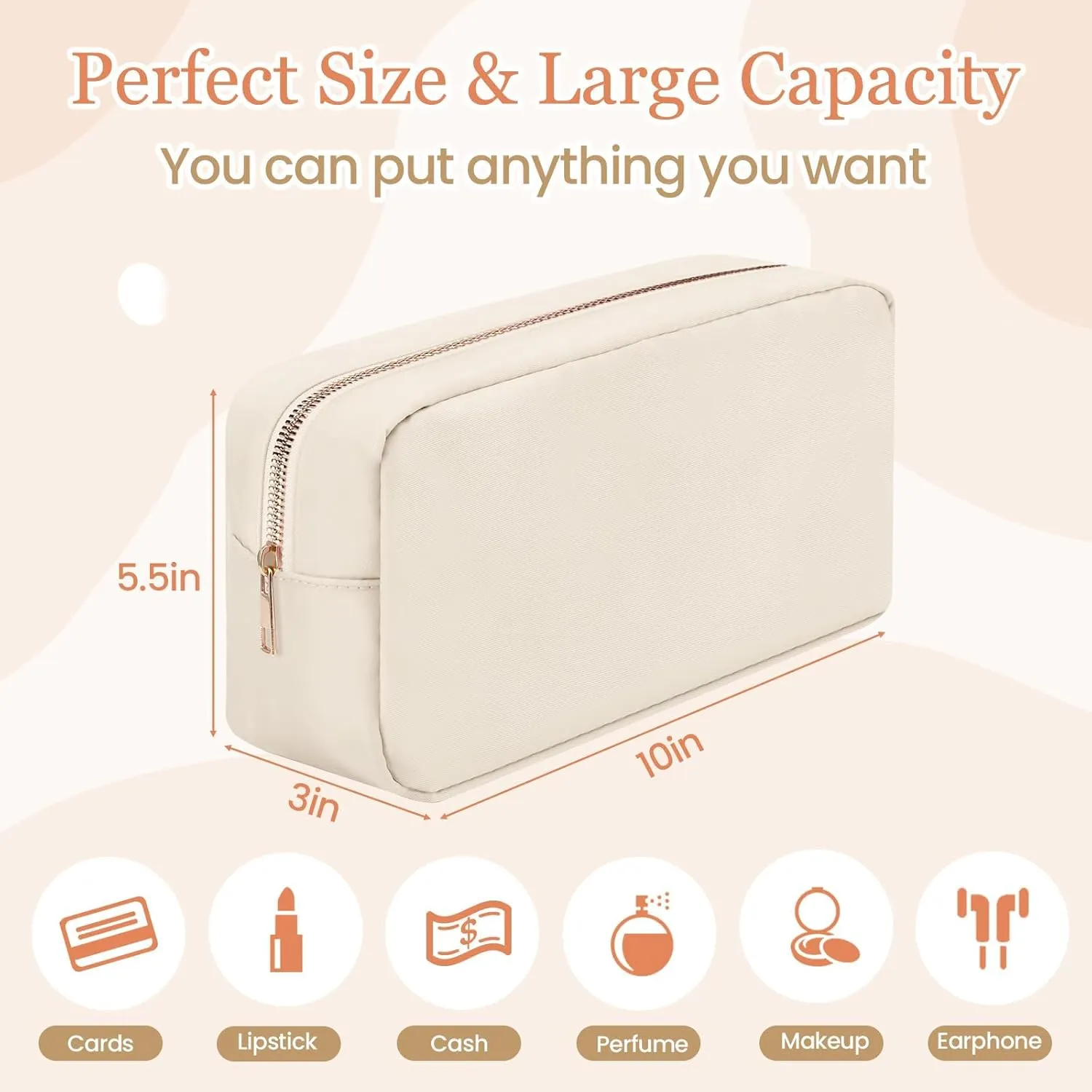 Makeup Bag for Women, Nylon Cosmetic Bag Small Makeup Bag for Purse, Preppy Makeup Bag with Zipper Make Up Pouch Bags Waterproof Travel Organizer Bag Set for Women Girls (Beige-large)