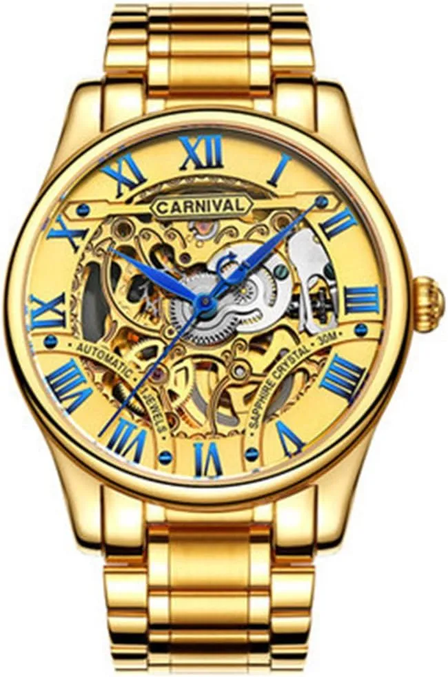 MASTOP Luxury Hollow Out Stainless Steel Men's Watch Automatic Mechanical Waterproof Gold Wrist Watches