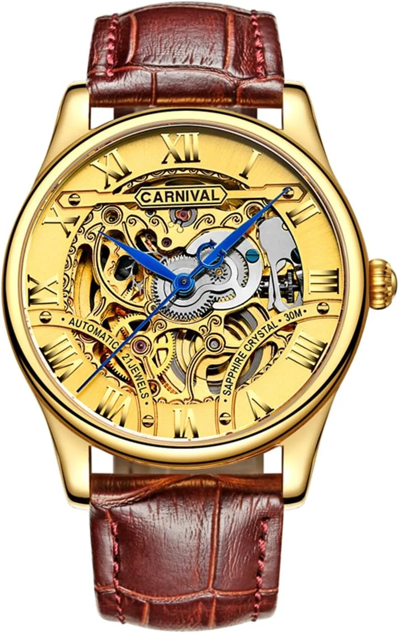 MASTOP Men's Luxury Hollow Out Leather Wrist Watches Male Automatic Mechanical Waterproof Gold Watches