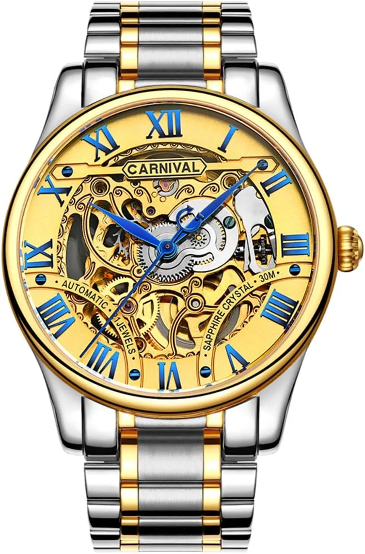 MASTOP Men's Luxury Hollow Out Stainless Steel Wrist Watches Tourbillon Automatic Mechanical Gold Watches