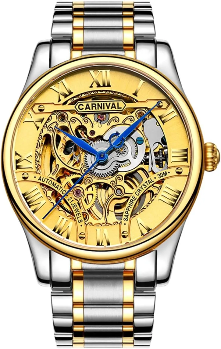 MASTOP Men's Luxury Hollow Out Stainless Steel Wrist Watches Tourbillon Automatic Mechanical Gold Watches