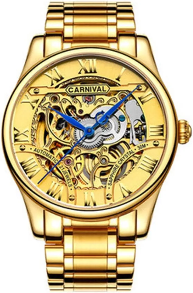 MASTOP Men's Luxury Hollow Out Stainless Steel Wrist Watches Tourbillon Automatic Mechanical Gold Watches