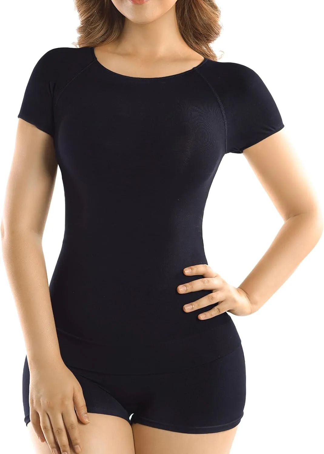  MD Womens Undershirt Short Sleeve, Compression T-Shirt Tank Tops, Tummy Control Scoop Neck Basic Tee Camisole Seamless