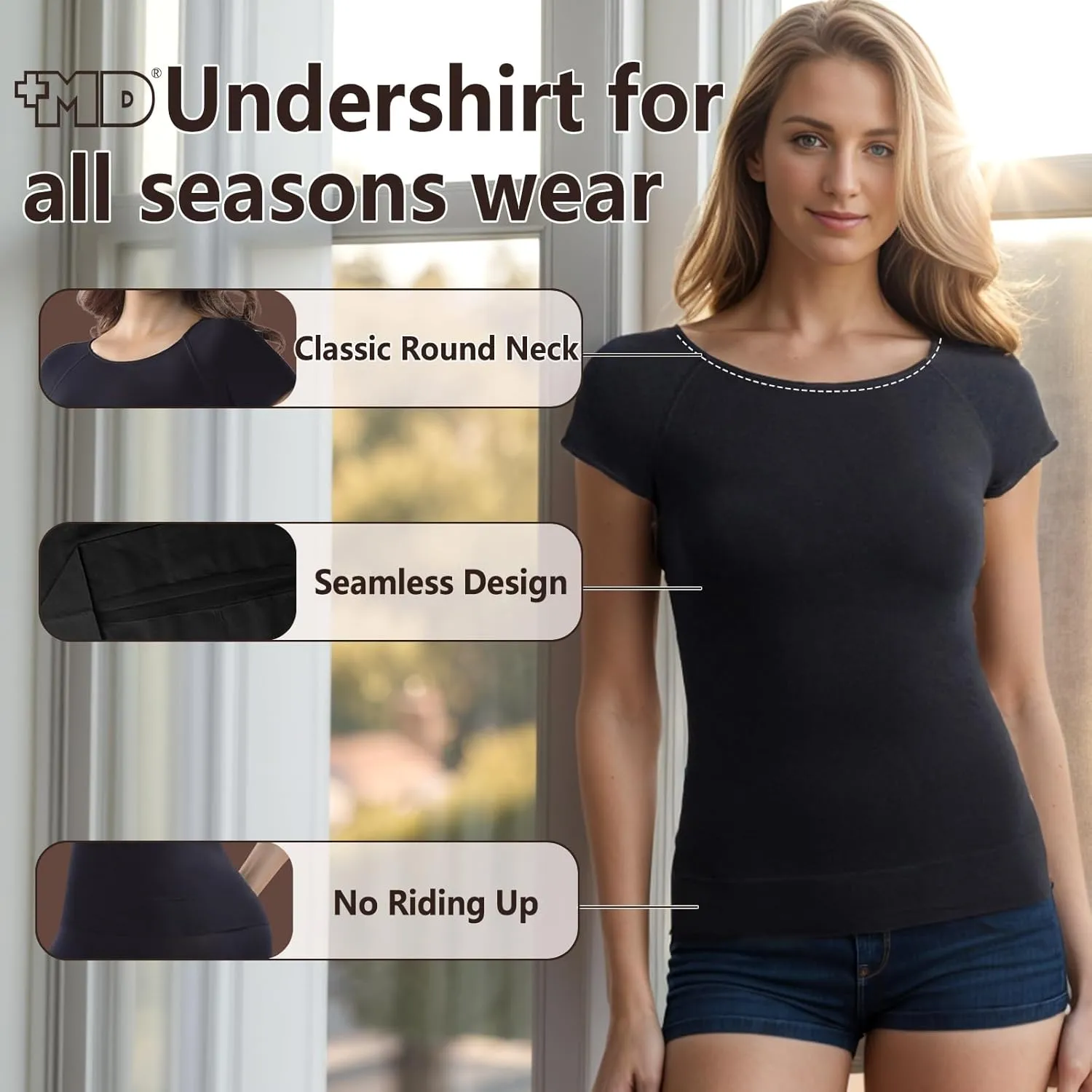  MD Womens Undershirt Short Sleeve, Compression T-Shirt Tank Tops, Tummy Control Scoop Neck Basic Tee Camisole Seamless