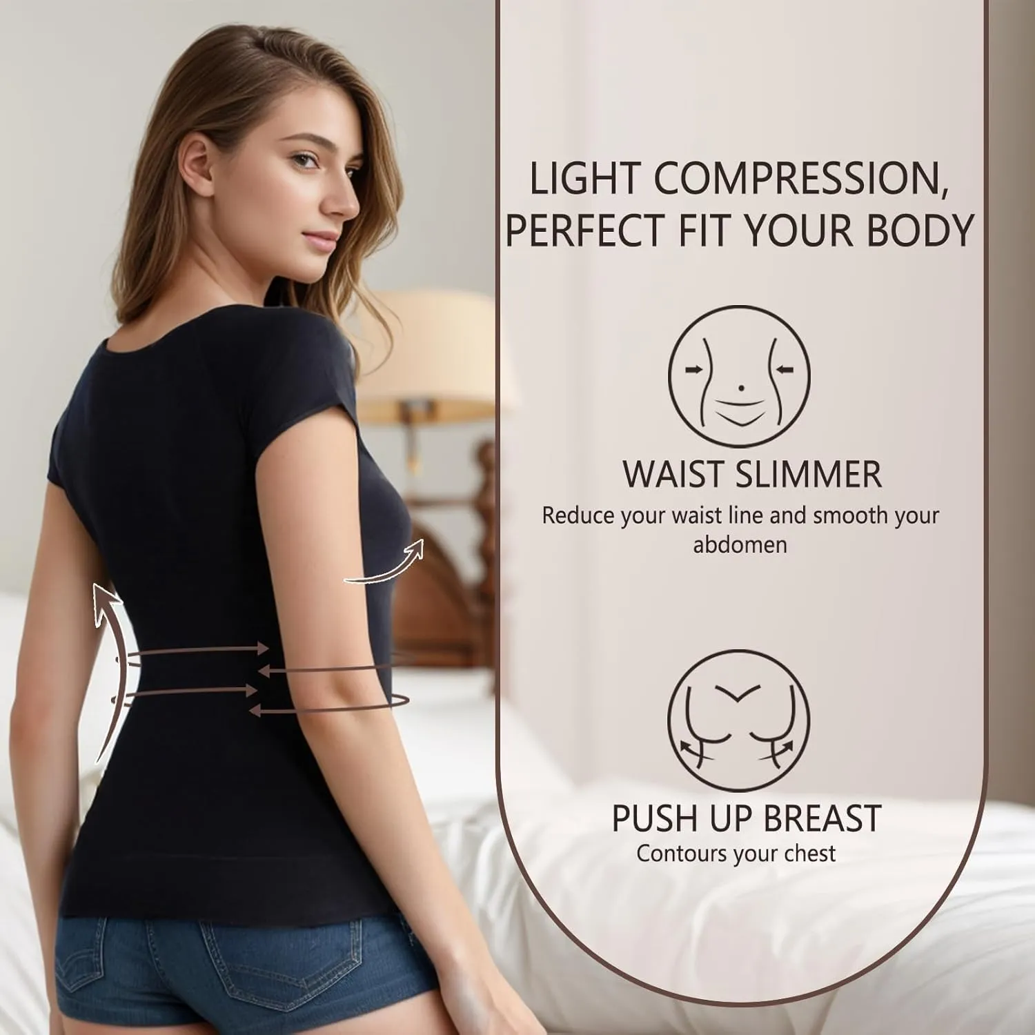  MD Womens Undershirt Short Sleeve, Compression T-Shirt Tank Tops, Tummy Control Scoop Neck Basic Tee Camisole Seamless