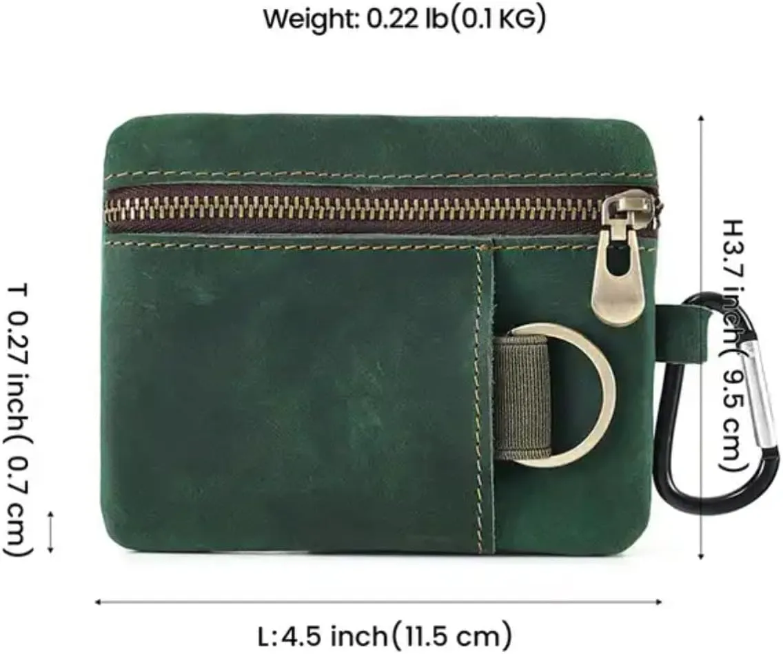 Men Genuine Top Grain Cow Leather Coin Purse with Key Ring & Clip. Retro Slim Minimalist Wallet Card Case (Blue).