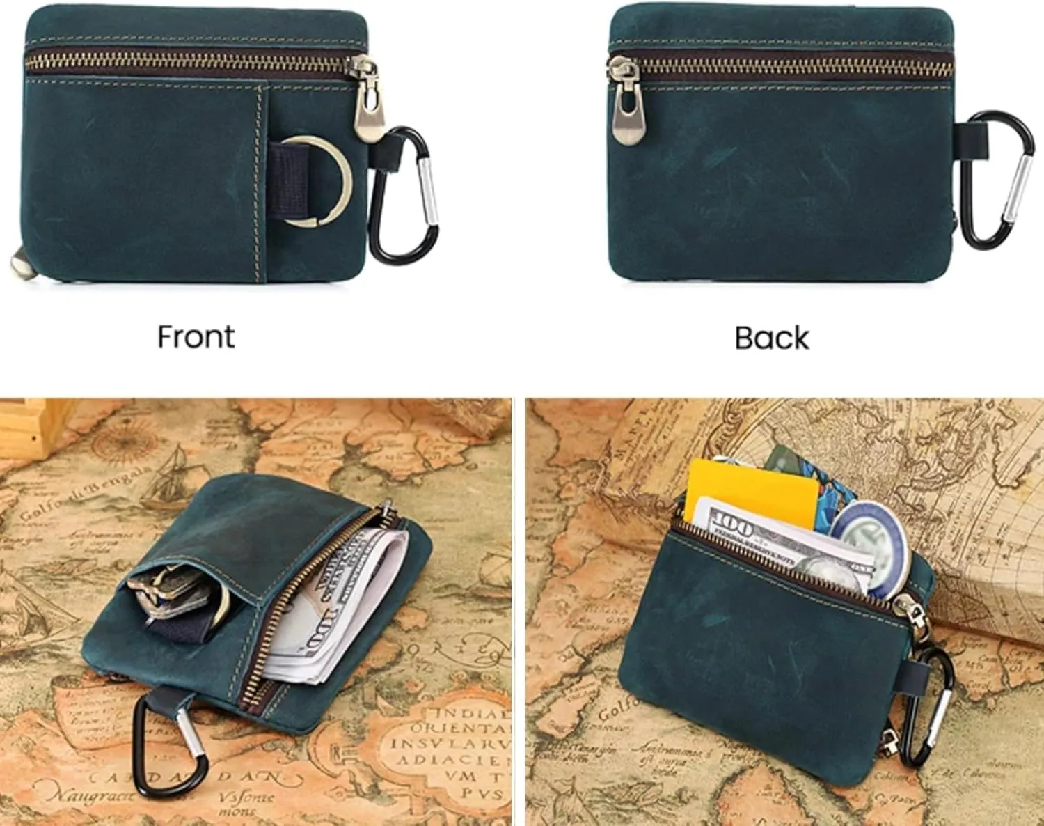 Men Genuine Top Grain Cow Leather Coin Purse with Key Ring & Clip. Retro Slim Minimalist Wallet Card Case (Blue).