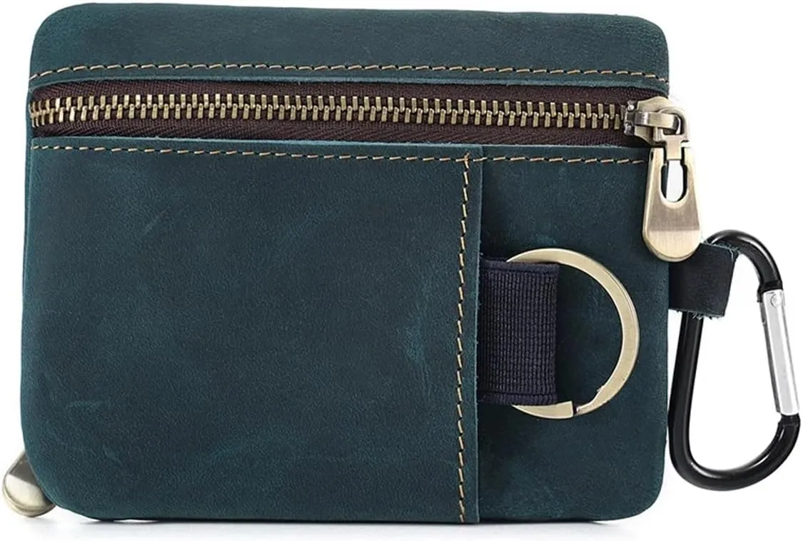 Men Genuine Top Grain Cow Leather Coin Purse with Key Ring & Clip. Retro Slim Minimalist Wallet Card Case (Blue).