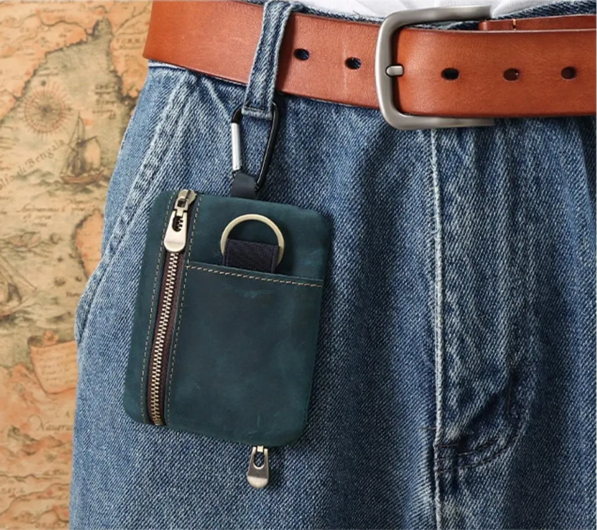 Men Genuine Top Grain Cow Leather Coin Purse with Key Ring & Clip. Retro Slim Minimalist Wallet Card Case (Blue).
