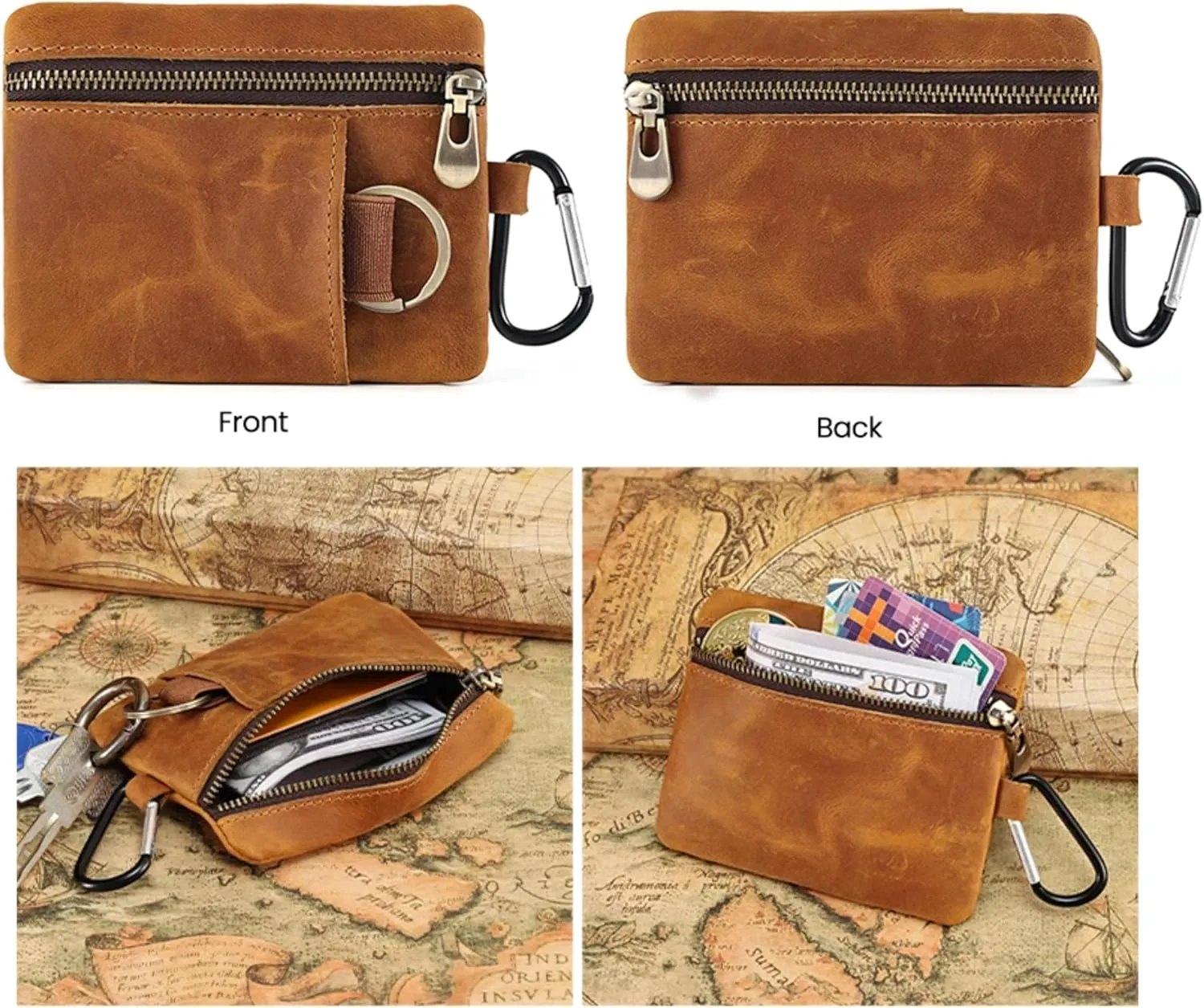 Men Genuine Top Grain Cow Leather Coin Purse with Key Ring & Clip. Retro Slim Minimalist Wallet Card Case (Brown).