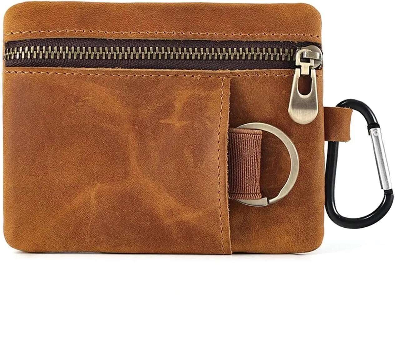 Men Genuine Top Grain Cow Leather Coin Purse with Key Ring & Clip. Retro Slim Minimalist Wallet Card Case (Brown).