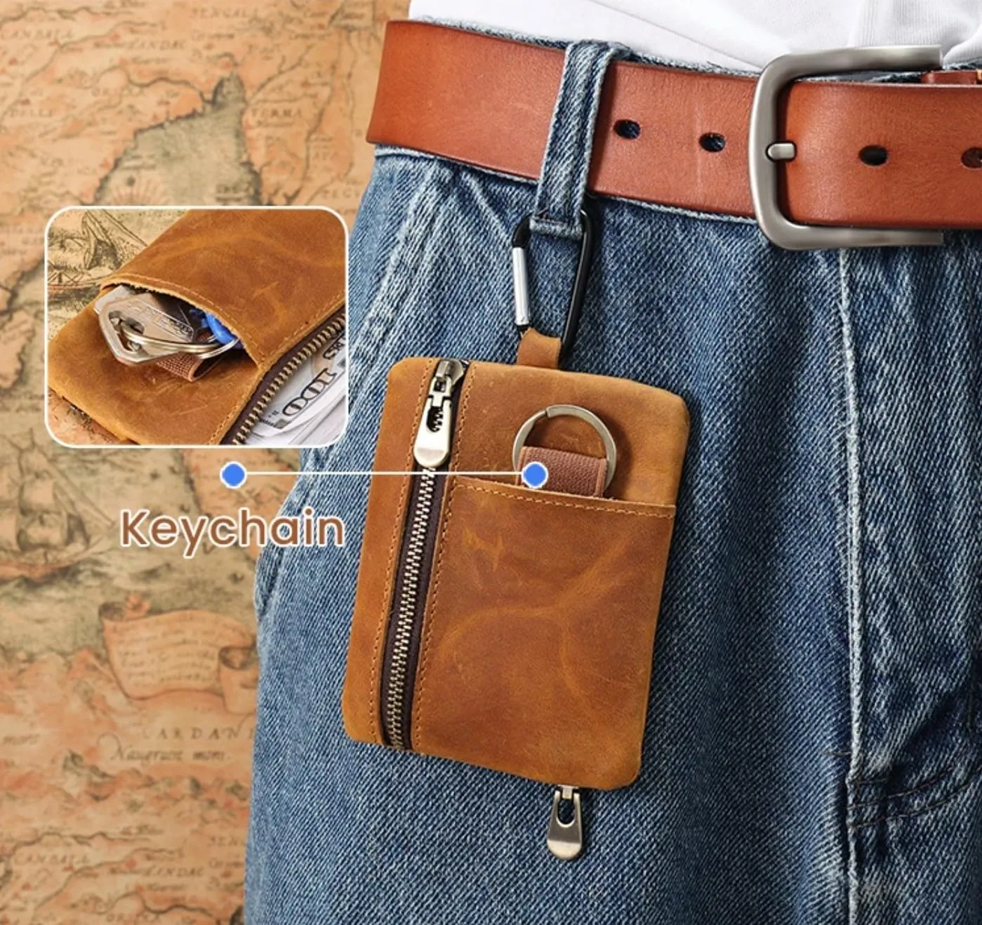 Men Genuine Top Grain Cow Leather Coin Purse with Key Ring & Clip. Retro Slim Minimalist Wallet Card Case (Brown).