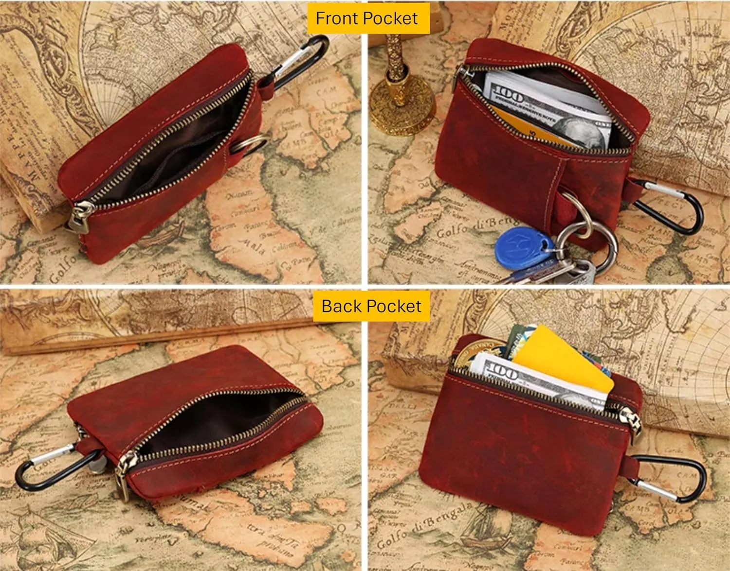 Men Genuine Top Grain Cow Leather Coin Purse with Key Ring & Clip. Retro Slim Minimalist Wallet Card Case (Burgundy).