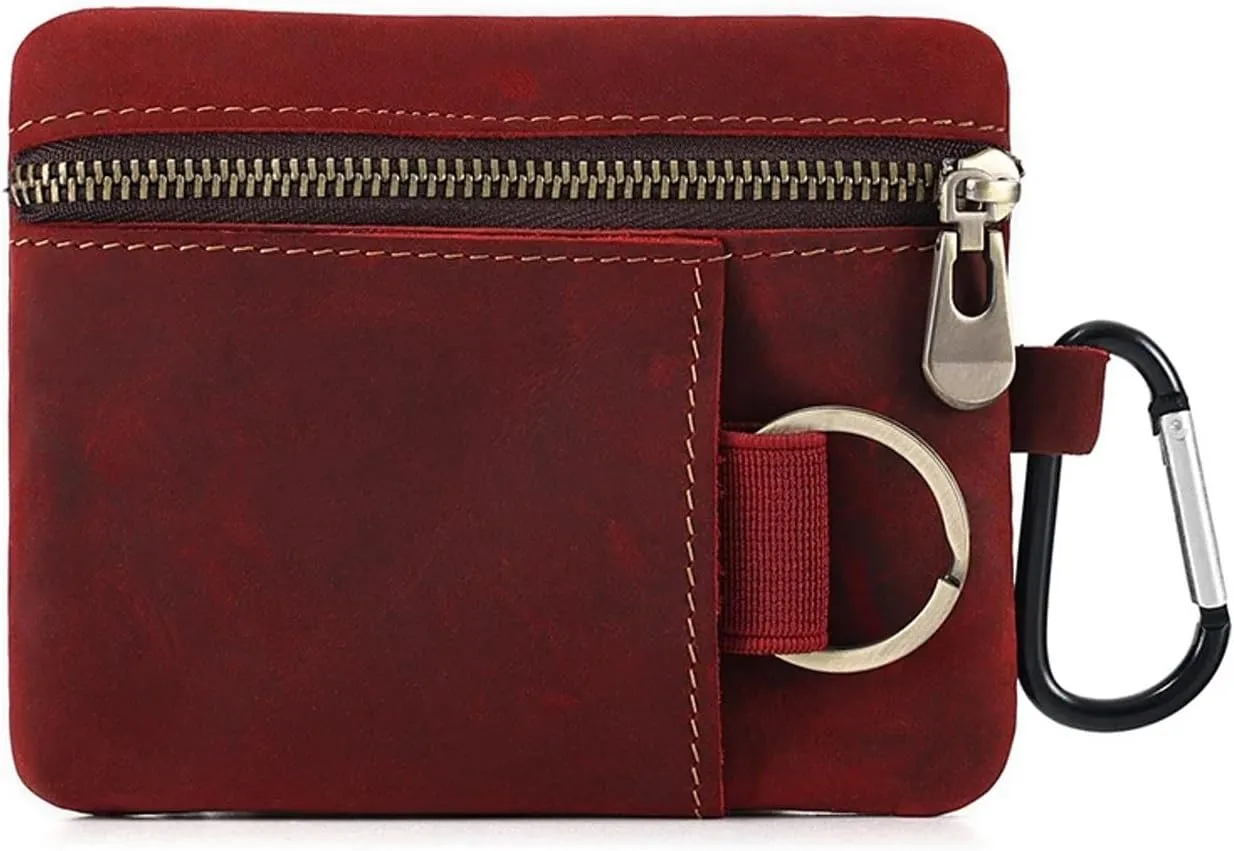 Men Genuine Top Grain Cow Leather Coin Purse with Key Ring & Clip. Retro Slim Minimalist Wallet Card Case (Burgundy).