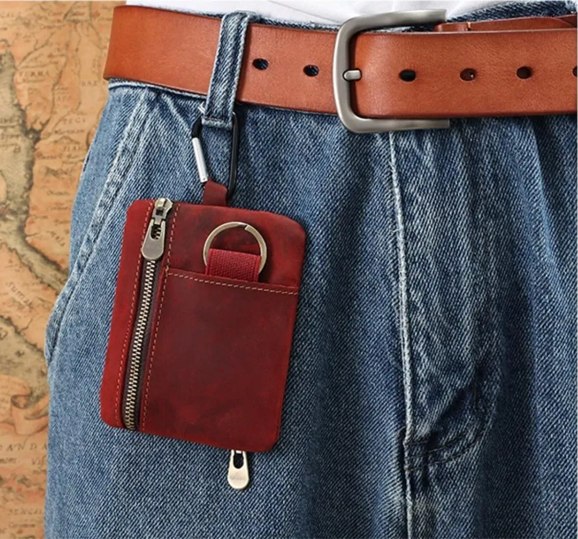 Men Genuine Top Grain Cow Leather Coin Purse with Key Ring & Clip. Retro Slim Minimalist Wallet Card Case (Burgundy).