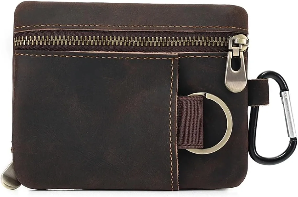 Men Genuine Top Grain Cow Leather Coin Purse with Key Ring & Clip. Retro Slim Minimalist Wallet Card Case (Coffee)