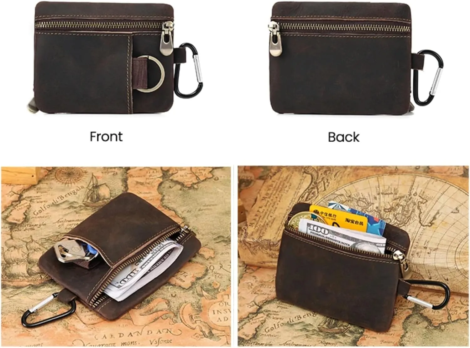 Men Genuine Top Grain Cow Leather Coin Purse with Key Ring & Clip. Retro Slim Minimalist Wallet Card Case (Coffee)