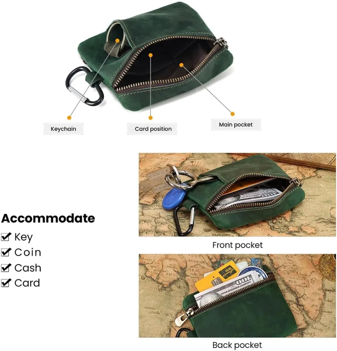 Men Genuine Top Grain Cow Leather Coin Purse with Key Ring & Clip. Retro Slim Minimalist Wallet Card Case (Coffee)