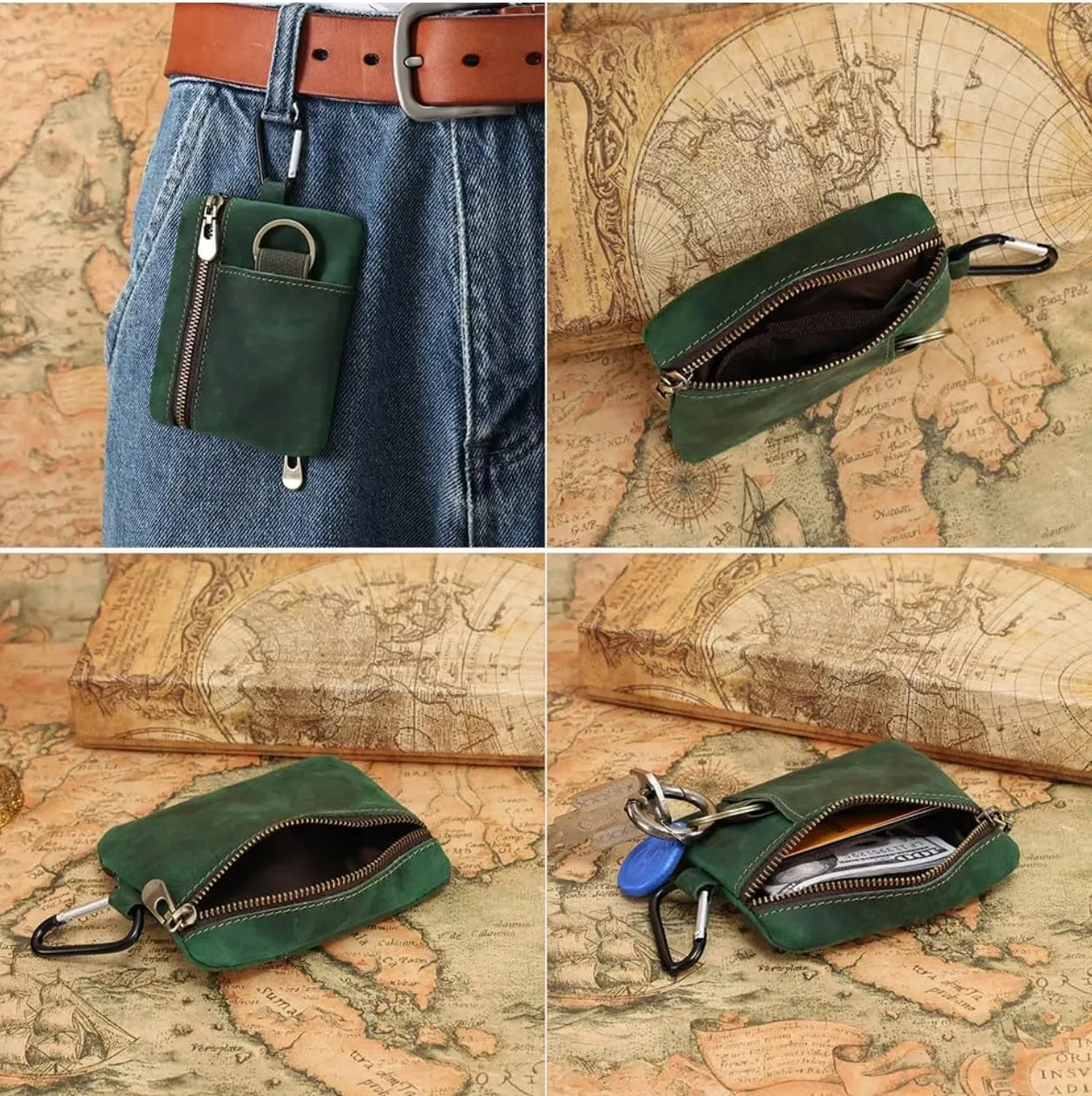 Men Genuine Top Grain Cow Leather Coin Purse with Key Ring & Clip. Retro Slim Minimalist Wallet Card Case (Green).