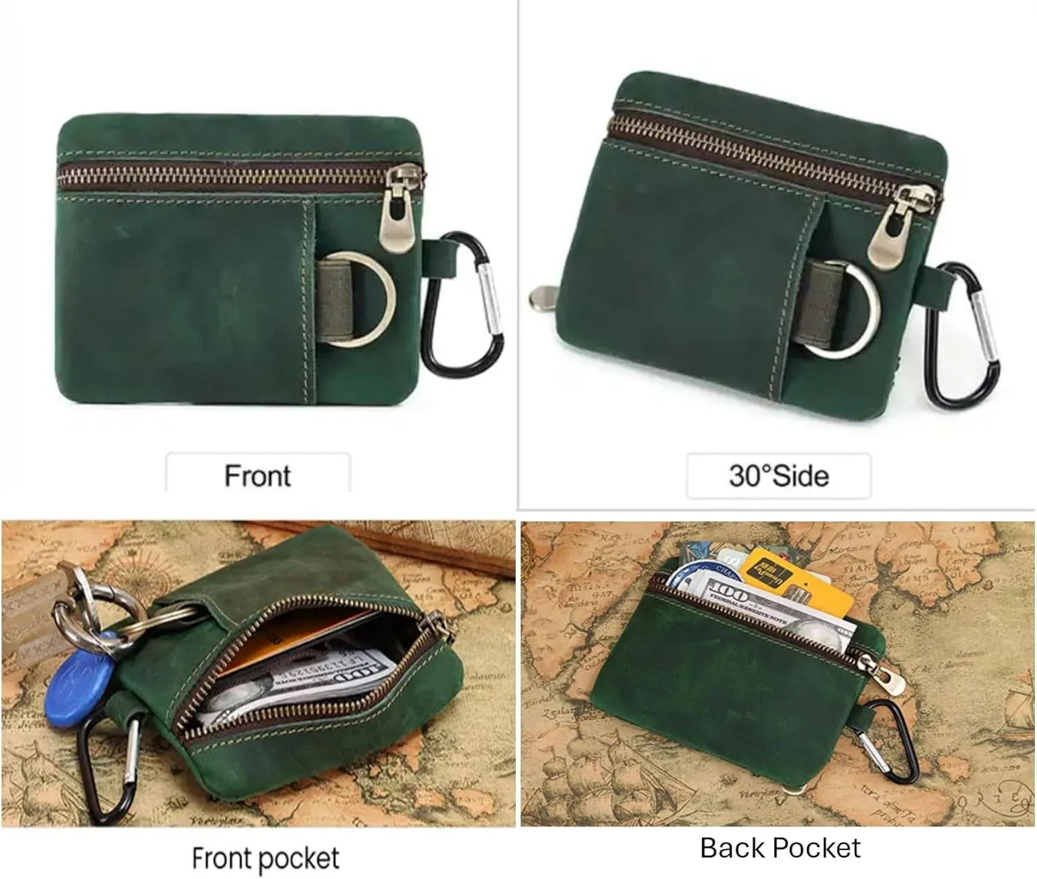Men Genuine Top Grain Cow Leather Coin Purse with Key Ring & Clip. Retro Slim Minimalist Wallet Card Case (Green).