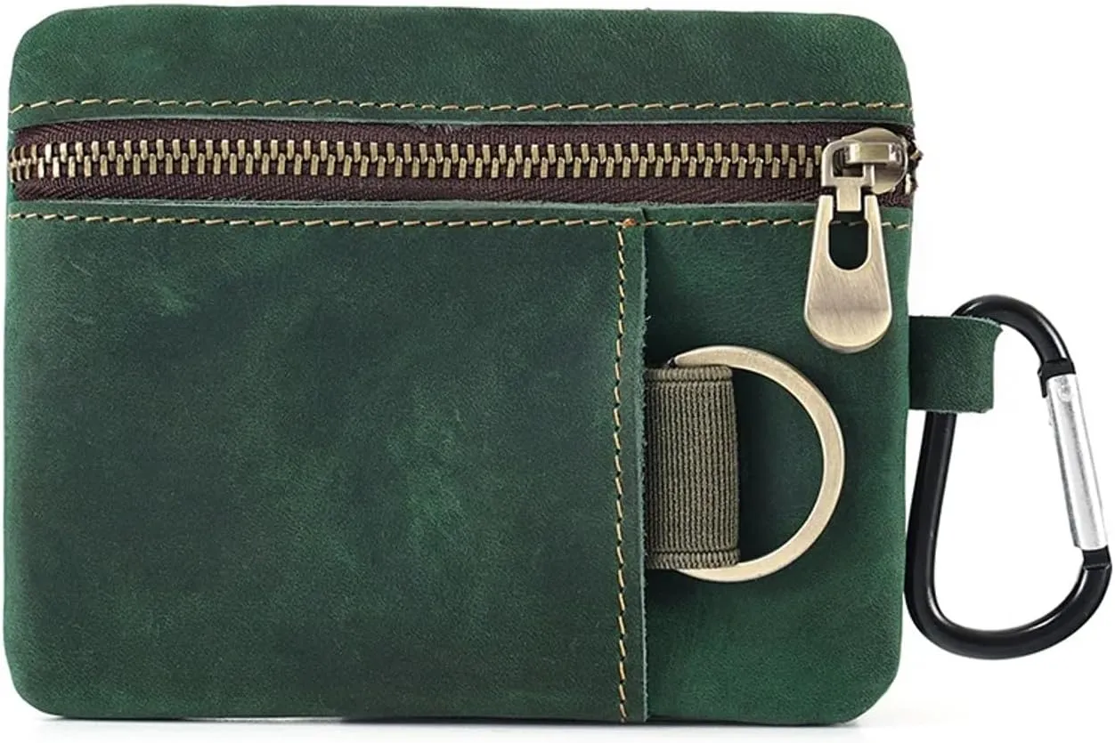 Men Genuine Top Grain Cow Leather Coin Purse with Key Ring & Clip. Retro Slim Minimalist Wallet Card Case (Green).