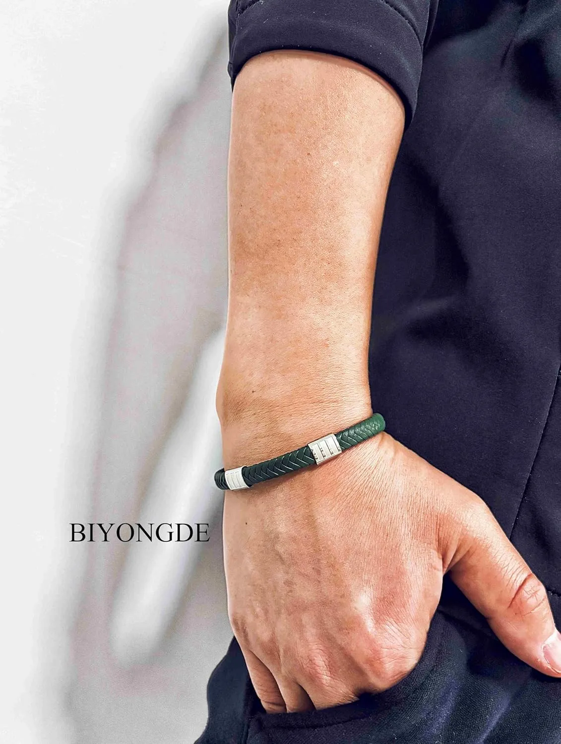 Mens Braided Green Leather Bracelet, Slim Leather Bracelet with Silver Color Stainless Steel Charm, Unisex,Minimalist and Urban Style