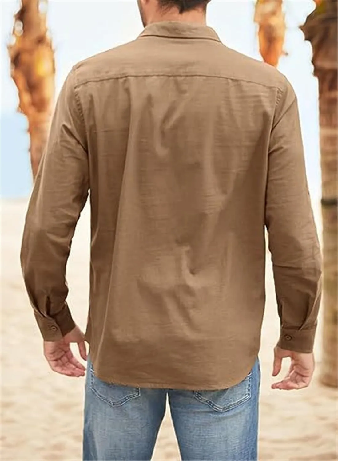 Men's Cotton Linen Shirt Casual Long Sleeve Button Down Dress Shirts Summer Beach Top Slim-Fit Two-Pocket Utility Shirt